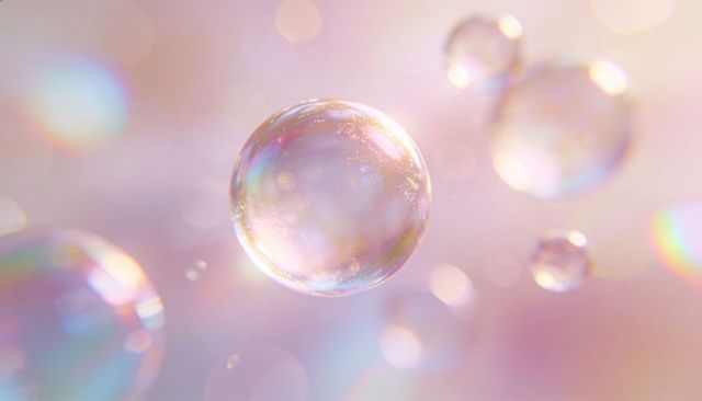 Floating iridescent soap bubble with pastel bokeh, sparkling prism glow and shimmer