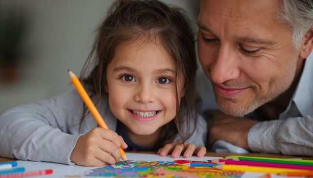 Father observing daughter as she colors with joy and creativity