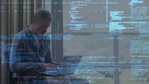 Senior Man Using Laptop with Code Overlay at Home