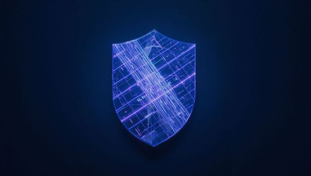 Futuristic Neon Digital Shield Symbolizing Cybersecurity in Dark Space