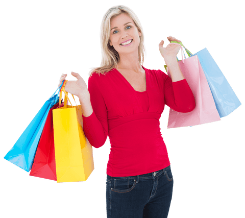 Happy woman carrying colorful shopping bags with transparent background
