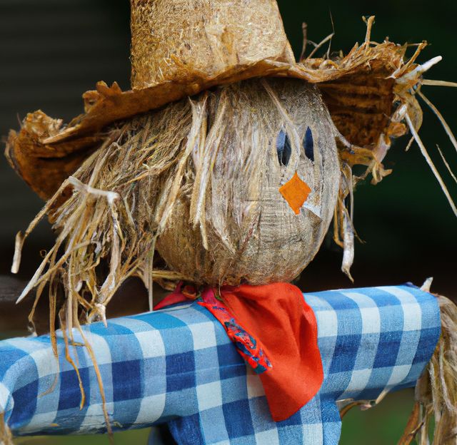 Close up of straw scarecrow with hat over blurred background. Farm, countryside and agriculture concept.