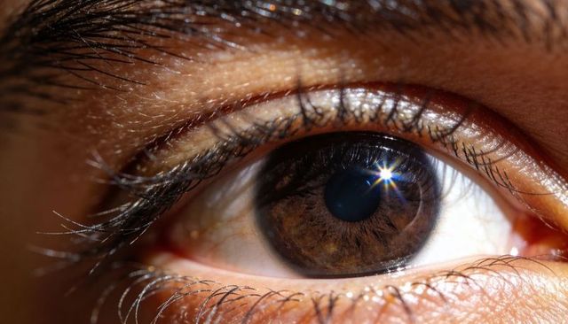 Extreme closeup brown eye with starburst highlight and detailed iris texture