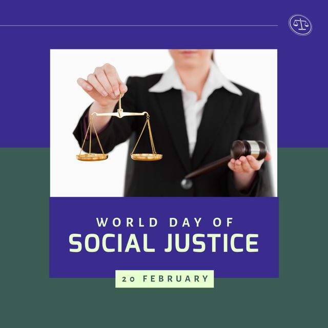 Composition of world day of social justice text and woman holding justice scales and gavel. World day of social justice, court and justice system concept digitally generated image.