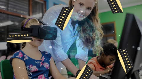 Teacher Assisting Student in Virtual Reality Class