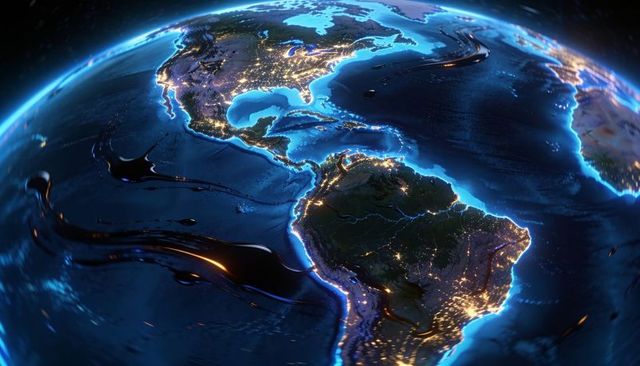 Neon-Lit Western Hemisphere at Night with Glowing Coasts and City Light Network