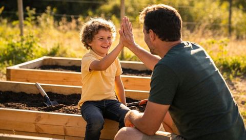 Father and son giving high-five while gardening in sunny backyard raised planters