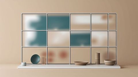 Minimalist metal grid shelf with vases and bowls in modern website