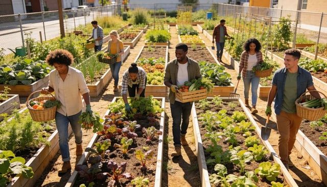Diverse community gardeners harvesting fresh produce in sunlit urban raised beds