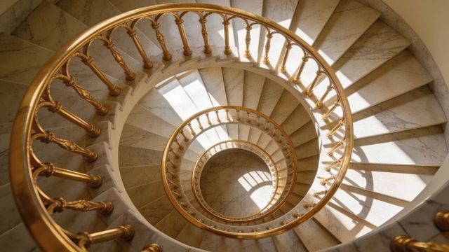 Spiraling marble staircase with ornate gold balustrade and concentric architectural curves