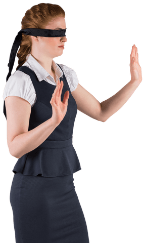 Transparent Image of Redhead Businesswoman Blindfolded Partially Raising Hands