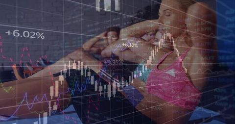 Crunching fitness focus with stock market overlay — woman training core in double exposure