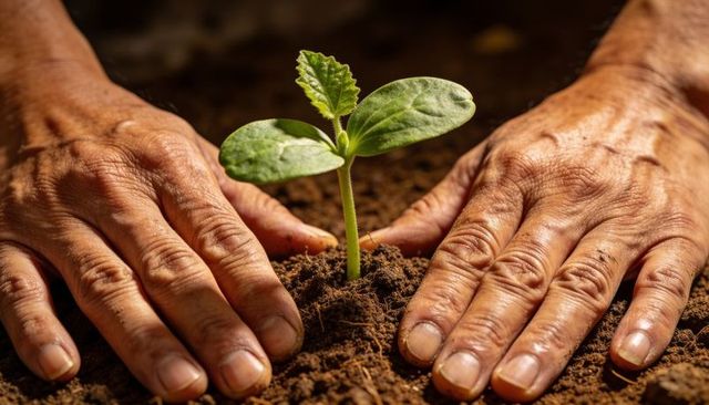 Elder hands nurturing tender seedling in sunlit soil closeup for sustainability concept