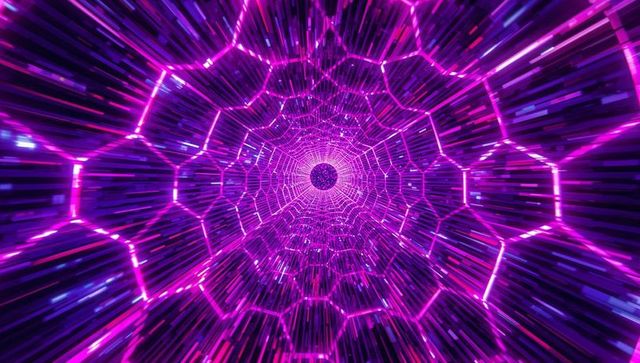 Futuristic neon tunnel with streaming hexagonal lattice