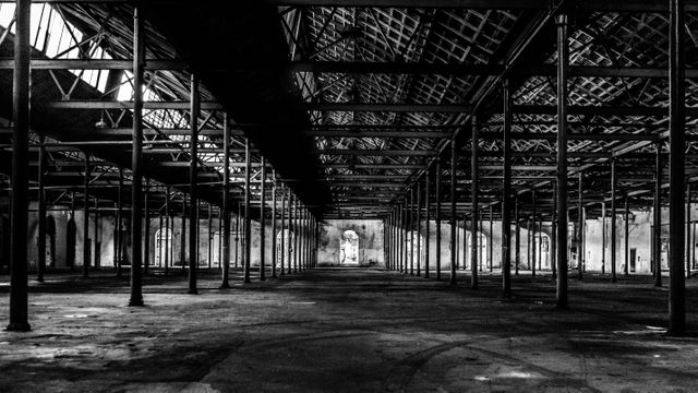 Black and white view of an abandoned warehouse featuring numerous steel beams and broken windows. Sunlight streams through openings in the roof, highlighting the wear and neglect. Ideal for use in projects focusing on urban decay, industrial architecture, or historical buildings. Can be used in photo essays, art prints, and backgrounds for various media projects.