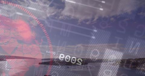 Digital overlay on serene coastal bay at dawn