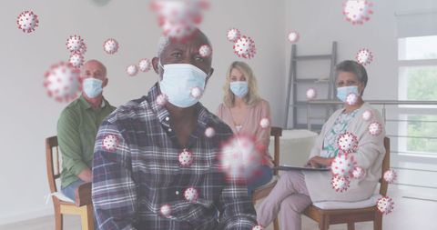 Masked people at home with floating covid-19 cells