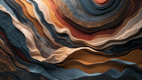 Abstract earth-tone layered strata art with textured lines