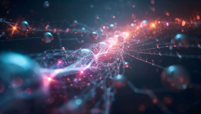 Abstract Network of Glowing Nodes and Particles in Futuristic Cosmic Space