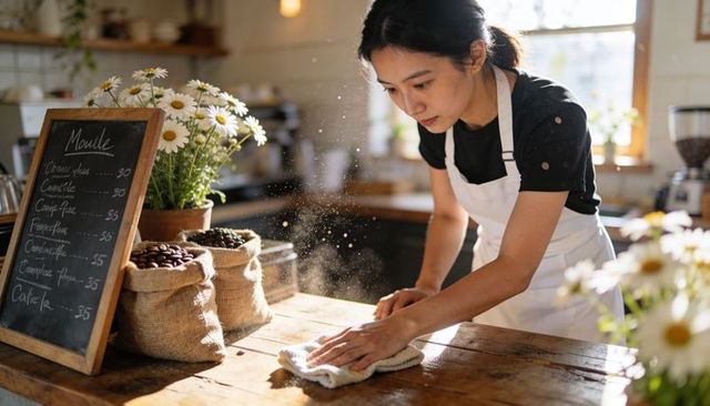 Barista wiping sunlit wooden counter wearing white apron with daisies and coffee beans