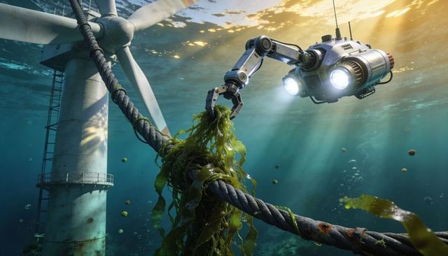 Underwater rov clearing kelp from offshore wind turbine cable during subsea inspection
