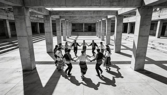 Folk dancers holding hands, dancing circle in concrete courtyard, embroidered attire