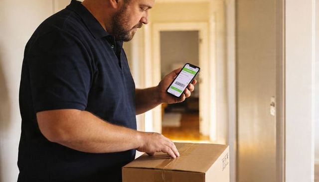 Delivery driver scanning barcode on package with smartphone in modern home hallway