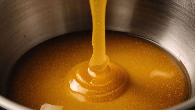 Pouring golden honey forming glossy swirl and ripples in stainless steel bowl macro