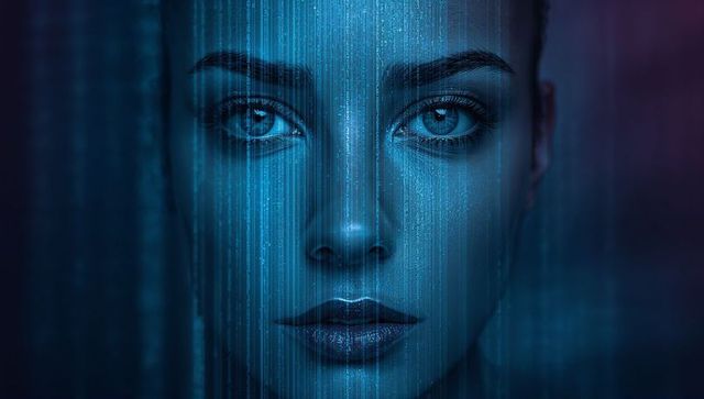 Gazing cybernetic woman glowing under blue neon code - futuristic ai portrait