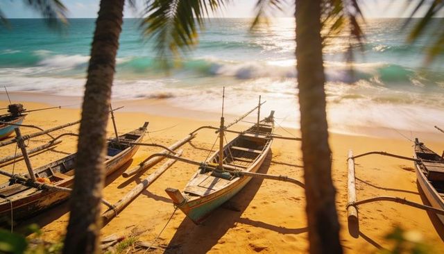 Sunlit outrigger boats resting on golden sand with turquoise sea and palm shadows