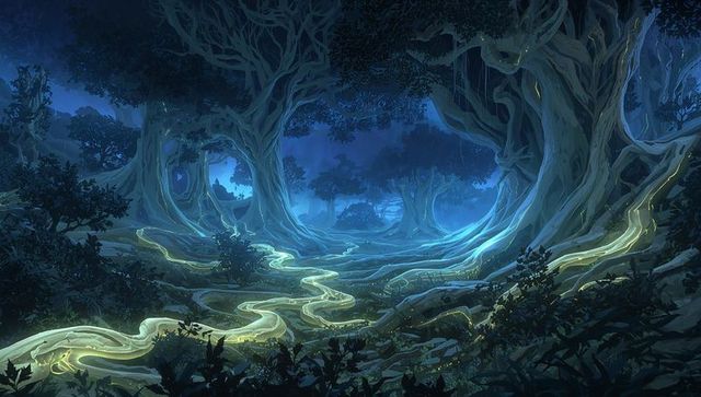 Bioluminescent Ribbon Glowing Through Moonlit Ancient Forest Winding Between Roots
