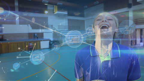 Woman with Volleyball Surrounded by Digital Icons in Gym