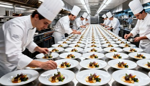 Chefs plating gourmet banquet dishes on assembly line in professional stainless kitchen