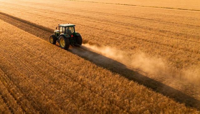 Sunlit tractor harvesting golden wheat, dust plume trailing along long shadowed furrow
