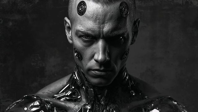 Staring male cyborg with glossy cybernetic implants and high-contrast studio lighting