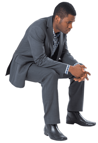 Pensive African American Businessman Sitting on Transparent Background