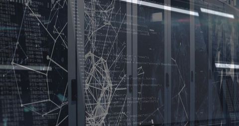 Server racks reflecting code overlays and network visualization in cool data center aisle