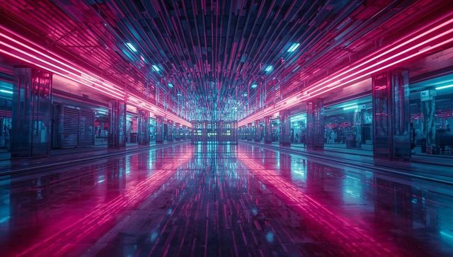 Futuristic neon corridor with polished reflections