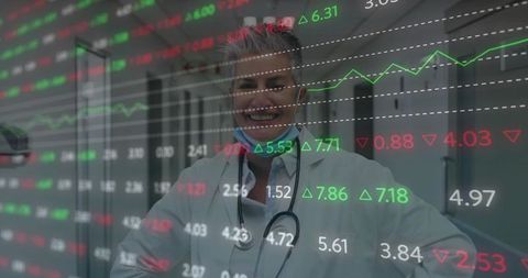Confident Senior Doctor with Medical Data Overlaying Investment Trends
