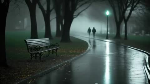 Mysterious Twilight Stroll in Foggy Park