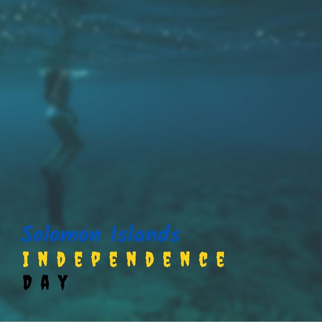 Image showcasing the text 'Solomon Islands Independence Day' underwater in a calm sea with clear blue water, offering ample copy space. Perfect for promotional materials, social media posts, and articles celebrating Solomon Islands' national holiday, emphasizing marine beauty and unique festivities.