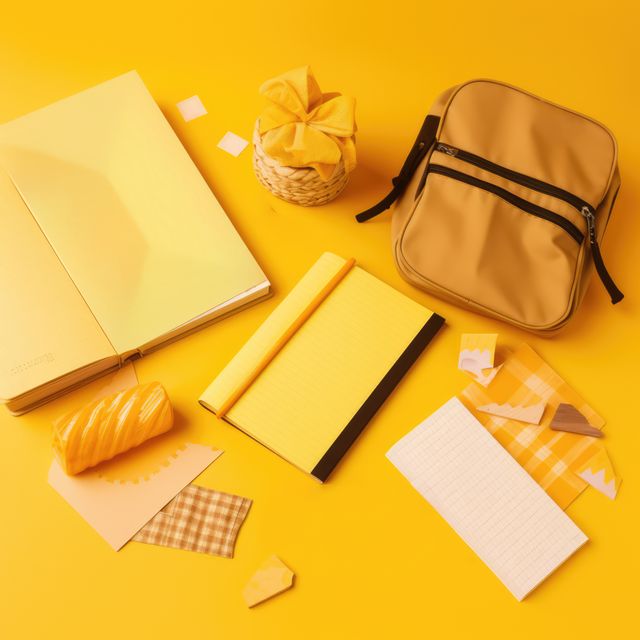 Close up of school items on yellow background, created using generative ai technology. Back to school, learning, creativity and education concept digitally generated image.