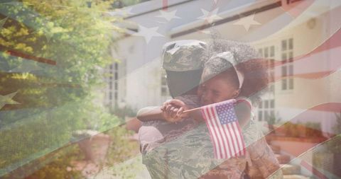 African American Soldier Hugging Child with American Flag Overlay - Download Free Stock Images Pikwizard.com