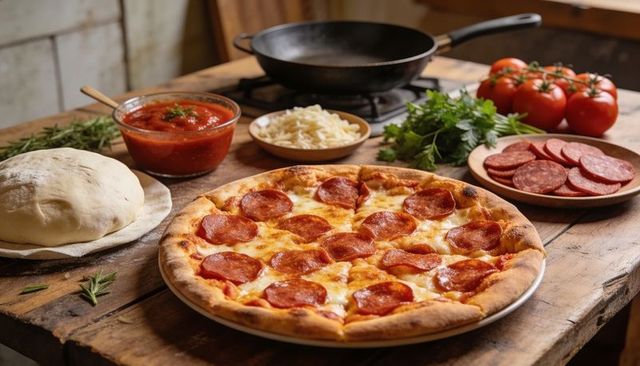 Serving rustic pepperoni pizza with golden crust and fresh ingredients on wooden workbench