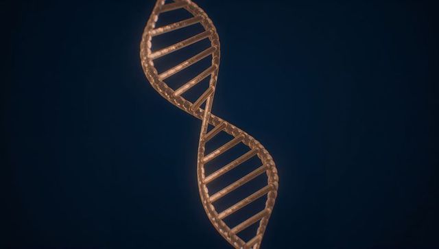 Translucent amber DNA helix rotating with rim lighting on dark blue background