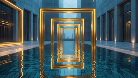 Golden arches over mosaic pool with stone plaza and recessed bays