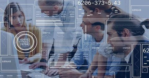 Business Team Collaborating with Futuristic Data HUD and Analytics Overlay at Meeting