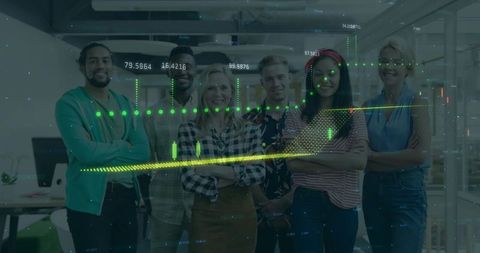 Diverse startup team standing confidently with data visualization overlay showing growth