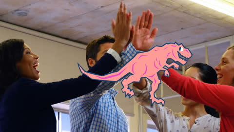 Multiracial Team Celebrating Success with Animated Dinosaur High-Five
