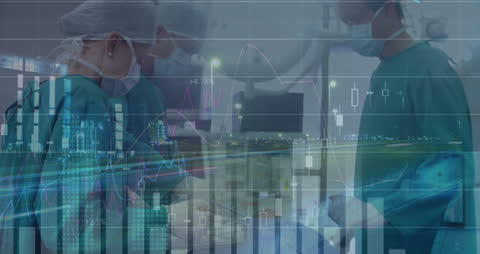 Surgeons Operating with Overlay of Financial Data and Graphs